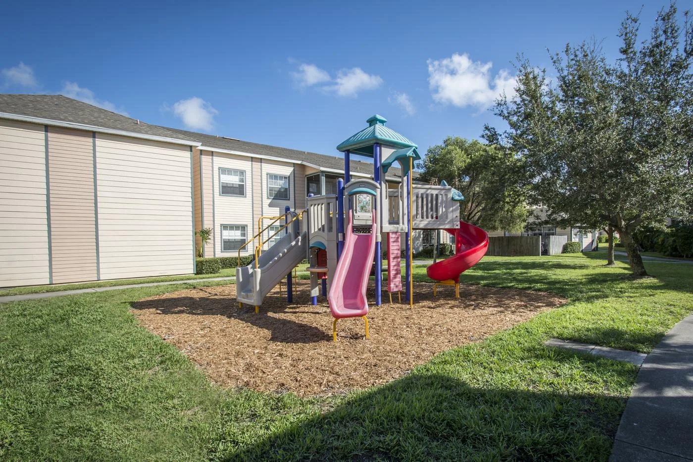 Outdoor playground between apartment buildings