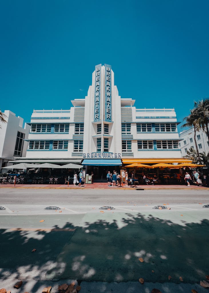 Stunning view of the Breakwater Hotel on Ocean Drive, showcasing Miami's Art Deco architecture.